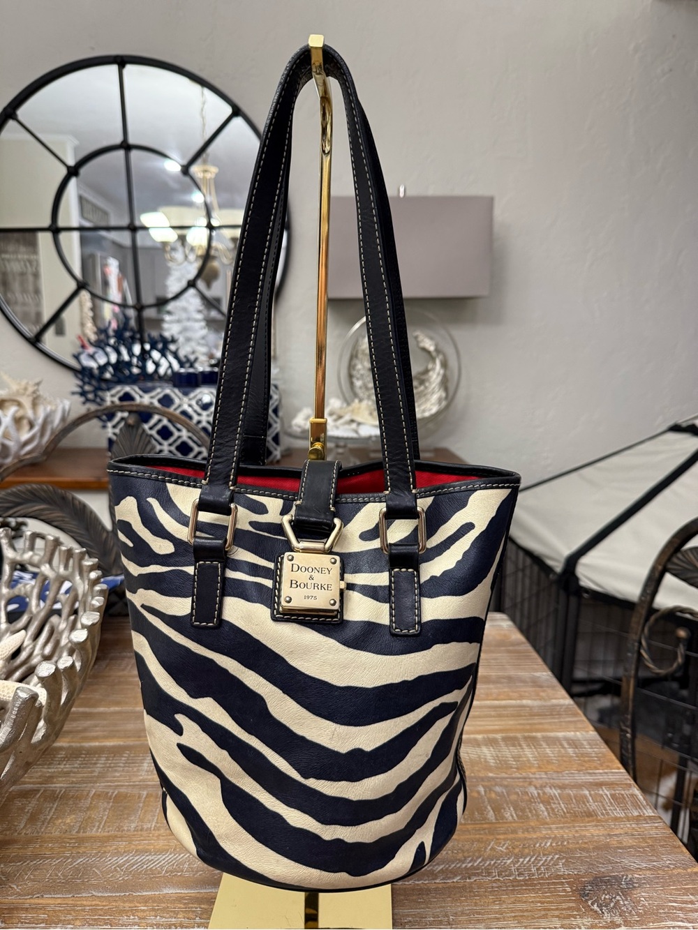 Dooney & Bourke Black & Cream Zebra-Print Bucket Tote with Push Lock. Vintage.